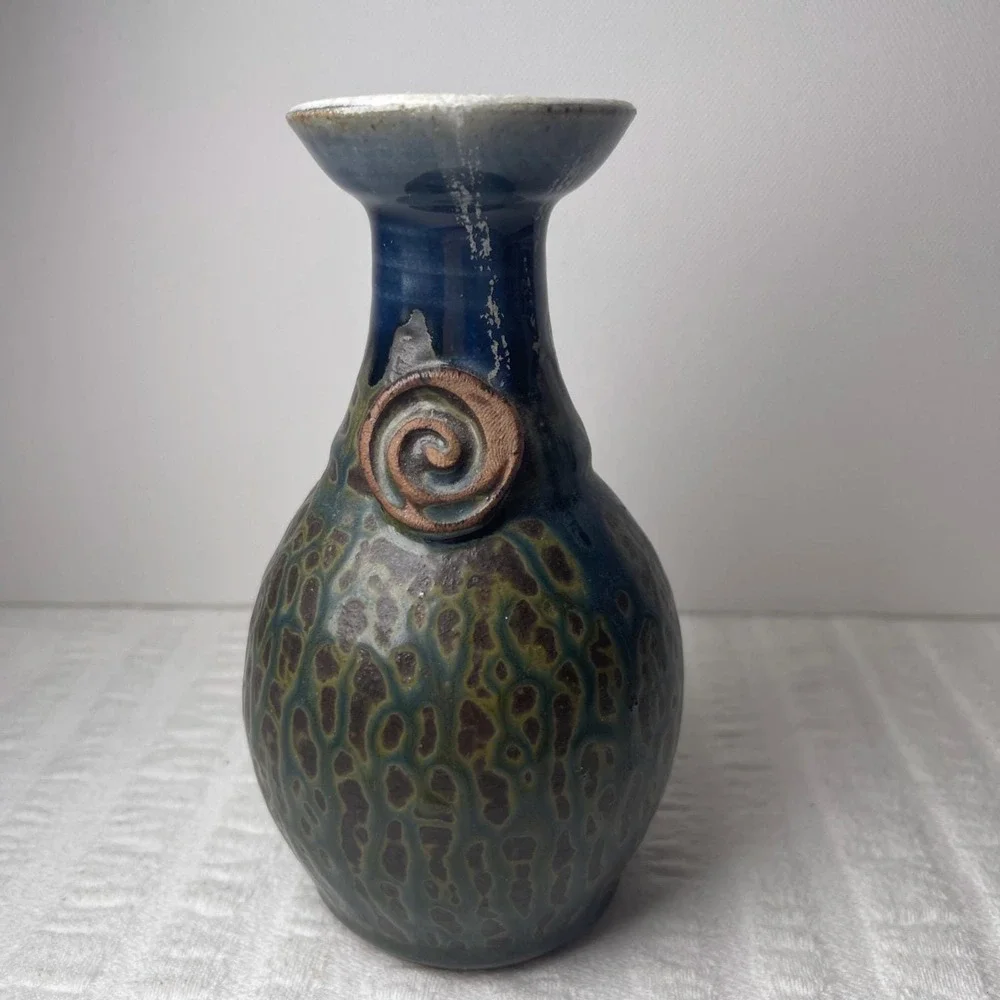 VTG Handmade Studio Art Pottery Drip Glaze Vase (Oil Lamp?) Artist Stamped